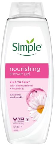 Simple Kind to Skin Nourishing Shower Cream Body Wash, Shower Gel with Vitamins E and B5, Geranium Oil Dermatologically Tested for All Skin Types and Sensitive Skin, 675 ml