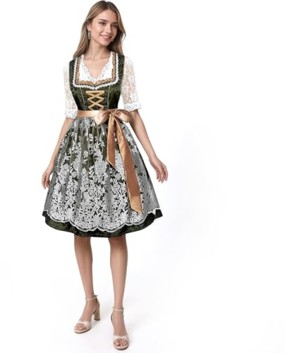 VICTERR Damen Dirndl, Midi Lang, Trachtenkleid, Trachtenrock, Dirndlbluse, Dirndlschürze, 3-teilig, Oktoberfest, Besondere Anlässe, Grün, Größe 38