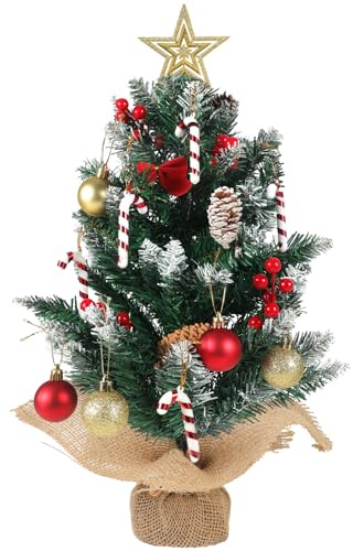 HOWAF Künstlich Weihnachtsbaum Klein Geschmückt 60 cm Mini Weihnachtsbaum Tisch Christbaum für Weihnachtsdeko Innen Haus Büro Weihnachten Deko, mit Weihnachtskugeln, Baumschmuck, Grün