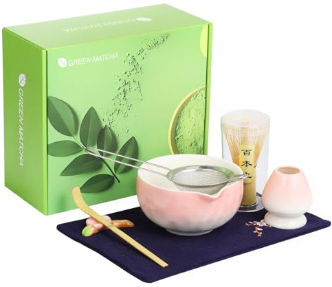 Kssiaz Juego de Batidor de Matcha, 7 Pzas Kit de Matcha para Ceremonia de Té, Juego de Té Matcha para Preparar Desayuno, Cuenco de Matcha con Pico, Batidor y Soporte, Tamiz, Cuchara, Rosa
