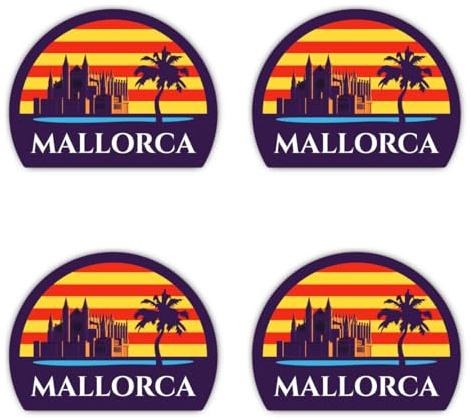 Aufkleber: 100 mm, 4 Stück - Mallorca Sticker Set 4er Vinyl Halbkreis Retro Sonnenuntergang Palme Kathedrale Palma wasserfest UV-beständig Outdoor Laptop Koffer Auto
