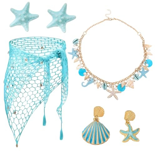 ETOFETE 5 Pcs Meerjungfrau Kostüm Damen, Meerjungfrau Schmuck mit Seestern Haarspange Muschelkette Seestern und Muschel Ohrringe, Netz Rock Fasching Karneval Meerjungfrauen Kostüm