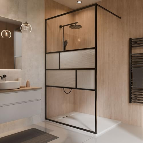 Walk In Dusche 140x200 cm Schwarz Matt – ESG Glas Duschwand 6 mm, geriffeltes Glasdesign, vollgerahmt, inkl. Stabilisationsbügel – ALEXA STYLE 2.0