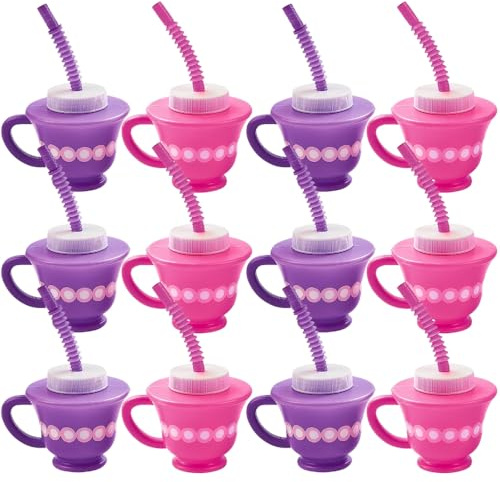 Fun Express Tea Party Cups Set of 12 with Lids and Straws - Pink & Purple Plastic Tea Cups for Kids Party Decorations | 8oz Disposable Party Favor Cups for Princess Birthday Parties & Events