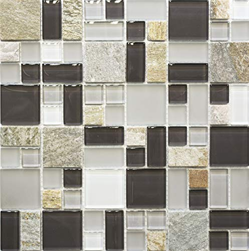 Mosaik Fliese Transluzent grau braun Kombination Glasmosaik Crystal Stein grau braun für WAND BAD WC DUSCHE KÜCHE FLIESENSPIEGEL THEKENVERKLEIDUNG BADEWANNENVERKLEIDUNG Mosaikmatte Mosaikplatte