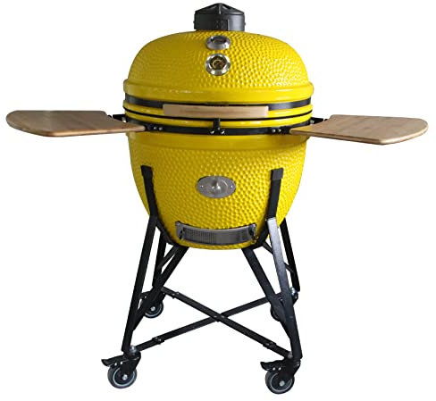 YNNI KAMADO TQ0C25YL maßgeschneiderter XL 63,5 cm Grill mit Trolley und Bambustischen, gelb mit Chip Feeder, Grill, Keramik, Ei, Smoker, TQ0C25YL