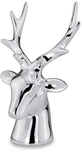 Kleine Porzellan Hirschkopf Geweih Deko für die Wand - silberne Skulptur Jagd zum Aufhängen - 8 Ender - 17 cm hoch