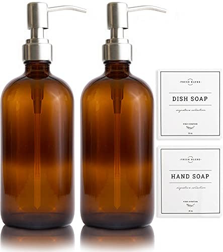 Vine Creations Amber Glass Soap Dispenser 2 Pack, Thick 16oz Bottles with Rustproof Stainless Steel Pump, Modern Farmhouse Vintage Jar, Bathroom Kitchen Accessories, Dish and Hand Soap Labels (Silver)