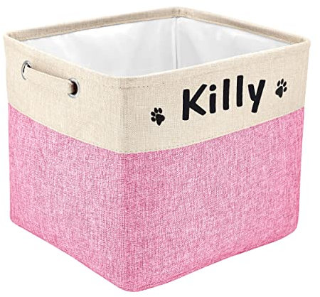 PET ARTIST Collapsible Dog Toy Storage Basket Bin with Personalized Pet's Name - Rectangular Storage Box Chest Organizer for Toys, Coats, Clothing (Pink, L:38cm*33cm*31cm)