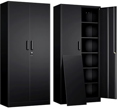 Yizosh Metall-Garagenschrank mit 2 Türen und 4 verstellbaren Regalen, 180,3 cm, abschließbarer Aktenschrank, abschließbarer Werkzeugschrank für Büro, Zuhause, Garage, Fitnessstudio, Schule (schwarz)