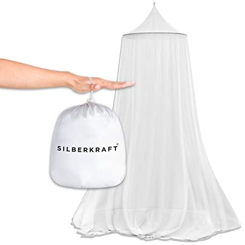 Silberkraft Moskitonetz mit Deckenhaken & Dübel, sichere Befestigung zum Bohren, reißfestes Mückennetz für Einzelbett & Doppelbett, Schutz auf Reisen & Zuhause, ultra feinmaschig 225er WHO-Empfehlung