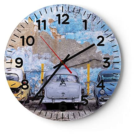 Modern Wanduhr Havanna Oldtimer Autos 30x30cm Rund Klein Wand Uhr Glas Analog Zimmeruhren Küche Büro Wohnzimmer Glasuhr Wall Clock Dekoration Design Wanddekoration Küchenuhr C4AR30x30-4376