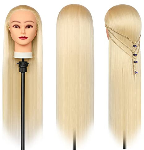 Trainingsköpfe, 28 inch Frisierkopf 100% Synthetikfaser-Haar Übungskopf, Frisurenkopf Ausbildung Kopf Mit Halter + DIY Haar Styling Braid Set (Blond)
