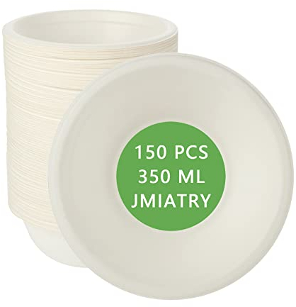 JMIATRY 150 Pack Disposable Paper Bowls, 12oz/350ml Disposable Bowls, Sugercane Biodegradable and Compostable White Paper Bowls for BBQ, Party, Picnics and Hot Food