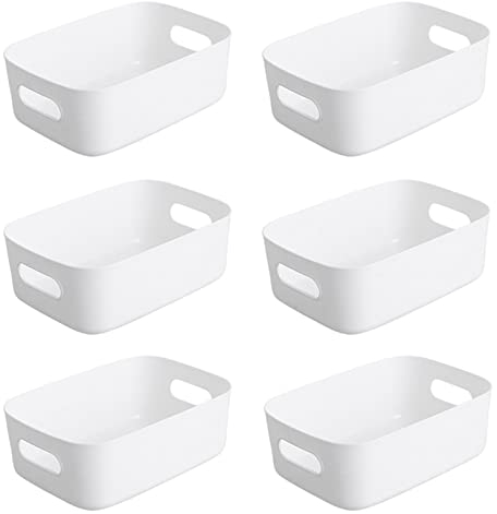 Torytoe Aufbewahrungsbox Kunststoff Klein, 6 Weiß Aufbewahrungskorb Küchenschrank Organizer mit Griffen Aufbewahrung Organizer Box Körbe Kunststoffbox für Badezimmer Regal Speisekammer, 20x14x7.3cm