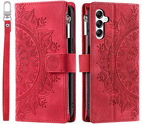VEEMOS Handyhülle für Samsung Galaxy A14 5G hülle Klappbar Blumen Handytasche Schutzhülle Klapphülle mit Kartenfach Handy Tasche Book Cover Flip Case Ständer - Rot
