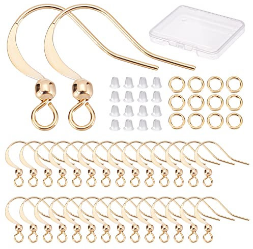 CREATCABIN 1 Box 50pcs Kit Real 18K Gold Plated Fishhook Earring Hooks Brass French Ear Wires Charms 50pcs Jump Rings Earring Backs with Loop Findings Components for Jewelry Making DIY