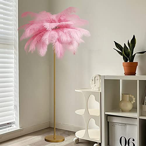 KISFWIU Stehlampe, Federlampe mit 48 natürlichen Straußenfedern in 10 Farben, verlängerte Federn, geeignet für Wohnzimmer, Schlafzimmer, Arbeitszimmer, H160 cm (pink2)