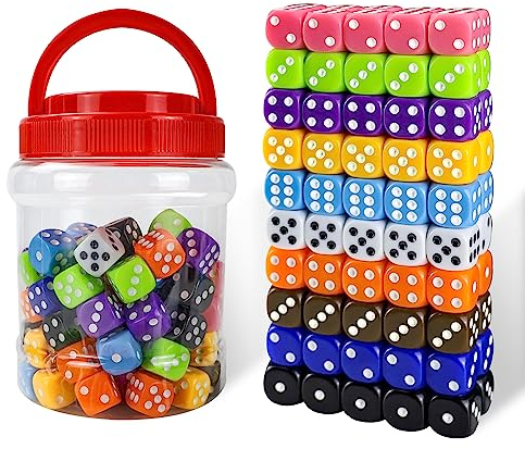 6-seitiger Würfelsatz 100 Stück 16mm undurchsichtige Acrylwürfel für Brettspiele, Würfelspiele, Mathematikspiele, mit kostenlosem Samtbeutel, 10 Farben (100 Stück 16mm Dose)
