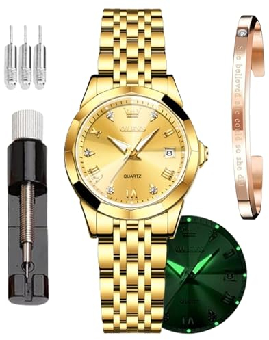 OLEVS Damen-Armbanduhr, japanisches Quarz, Roségold, Kristall, Edelstahl, modisch, wasserdicht, luxuriös, eleganter Kalender, simulierte Quarzuhr, Gw-g9931-goldenes Zifferblatt, Klassisch