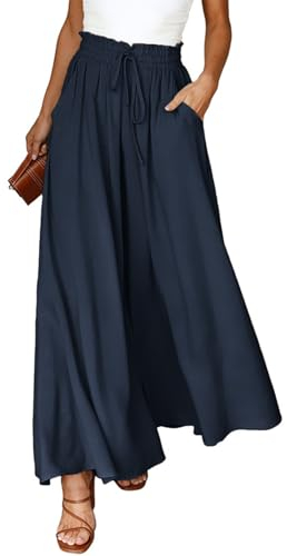 CMTOP Sommerhose Damen Leicht Lässige Palazzo Hose Elastisch Hohe Taille Freizeithose mit Taschen Kordelzug Baggy Schlaghose Elegante Business Hosen(Dunkelblau,XL)