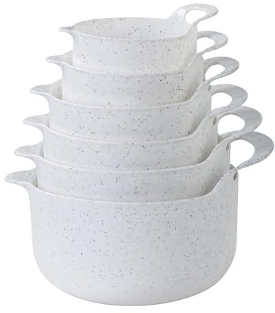 COOK WITH COLOR Non-Slip Mixing Bowls - 6 Piece Nesting Plastic Mixing Bowl Set with Pour Spouts and Handles-Measurement Markings (Speckled White)