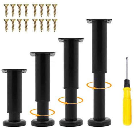 BASAMOU 4PCS Pied de Lit Réglable Pieds de Meubles à Visser Hauteur 25-42CM Pieds Sommier à Lattes Universel/sans Perçage, Pied de Support en Métal pour Table Basse/Canapé/Meuble Salle de Bain/Bureau