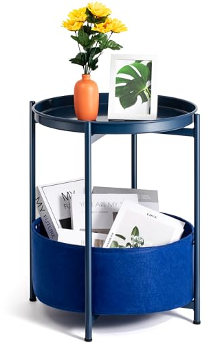 Luwesde Runder Beistelltisch, blauer Beistelltisch mit Aufbewahrungskorb, Metall-Nachttisch mit abnehmbarem Tablett, kleiner Nachttisch für Wohnzimmer, Schlafzimmer, Kinderzimmer (blau)