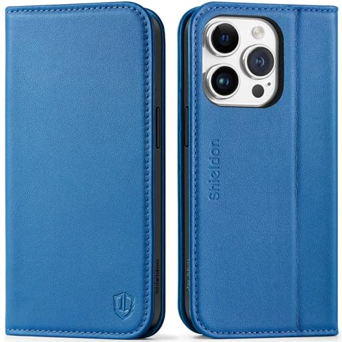 SHIELDON Echt Leder Hülle für iPhone 15 Pro Handyhülle [Wallet Case] [Kartenschlitz] [Ständer] [RFID-Blocker] [Magnet] Schutzhülle Handytasche Klappbar FlipcaseKompatibel mit iPhone 15 Pro 6,1 Blau