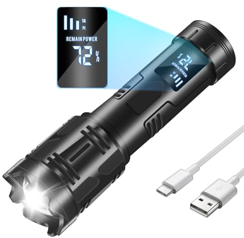HOSONIC S-52 Potente Linterna Recargable, 2000 Lumens Linterna Led Super Brillante con Pantalla Digital LCD, Enfoque Ajustable, 4 Modos Pequeña USB C Linterna de Mano para Camping Perro Paseos