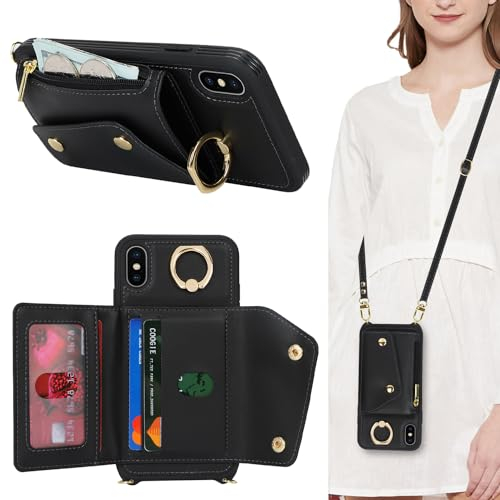 Lipvina Cover per iPhone X/XS con cordino Porta Carte Custodia iPhone X/XS con cerniera cordino Ring portafoglio donna - Nero