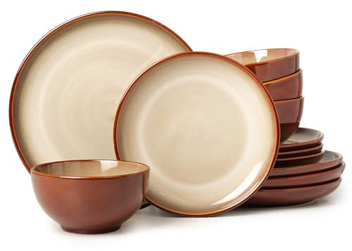 Pokini Stoneware Dinnerware Set Service for 4, 12 pcs Reactive Glaze Plates and Bowls Sets, Handmade Round Dishes Set, Highly Chip and Crack Resistant Modern Plate Set, Brown Yellow