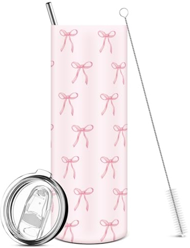 Skylety 20 oz Coquette Pink Bow Tumbler with Lid and Straw Stainless Steel Insulated Travel Coffee Cup, Leak Proof Cute Water Bottle for Women Birthday Gifts for Friends