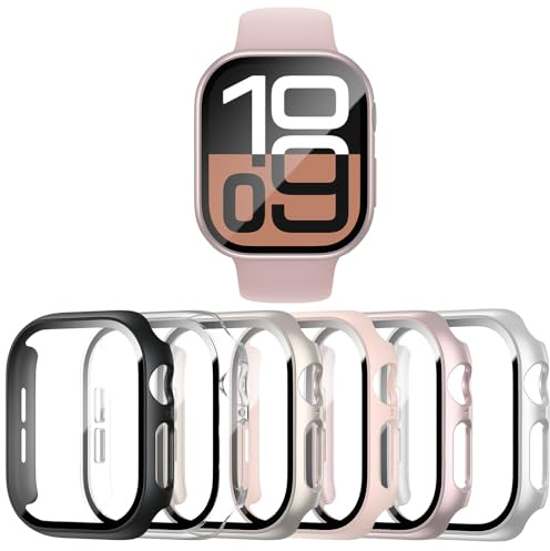 Haojavo 6 unidades de fundas para Apple Watch Series 10 46 mm con protector de pantalla de vidrio templado, iWatch con protector de pantalla de cristal, funda rígida de policarbonato para accesorios