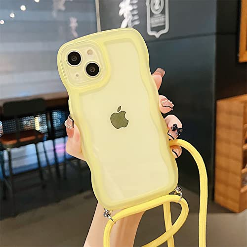 Rokmym Coque pour iPhone 16 Pro Max avec Cordon de Collier Réglable - Transparent avec Grande Bordure Ondulée en Silicone Bumper, Anti-Choc, Jaune
