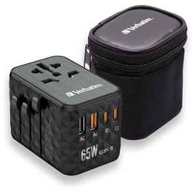 Verbatim GaN Universal Reiseadapter mit integriertem USB-C-Kabel, 85 W, Steckdosenadapter mit 1 USB‑A & 3 USB-C Anschlüssen, Schnellladegerät für Laptop, Handy, Kamera, weltweit einsetzbar, 100–250 V