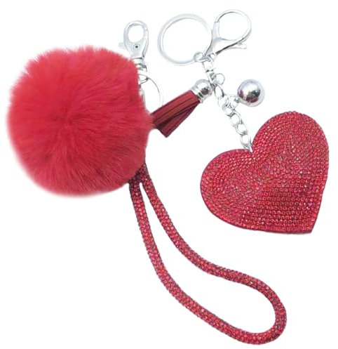 Xsclpomddy Leder Liebes-Herz Keychain Kristallstrass Bling mit Pom Pom Schlüsselbund künstliche weiche Kaninchenhaar Taschenanhänger für Handtasche,red
