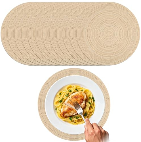 wiipara 12er Set Runde Tischsets aus Baumwolle (38 cm) - Geflochtene, Abwaschbare Platzsets - Hitzebeständig & Schmutzabweisend - Ideal für Küche Esszimmer Weihnachten, Feste und als Tischdeko, Beige