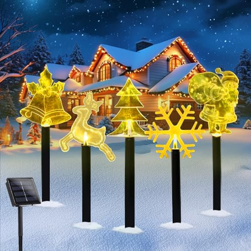 5 Pezzi, Luci da Esterno Giardino Solari natale,LED Luci Natalizie Decorazioni,Campane, Alce, Babbo Natale, Albero di Natale, Fiocco di Neve, Luci Solari da Giardino, Per Esterni Giardino e Terrazza