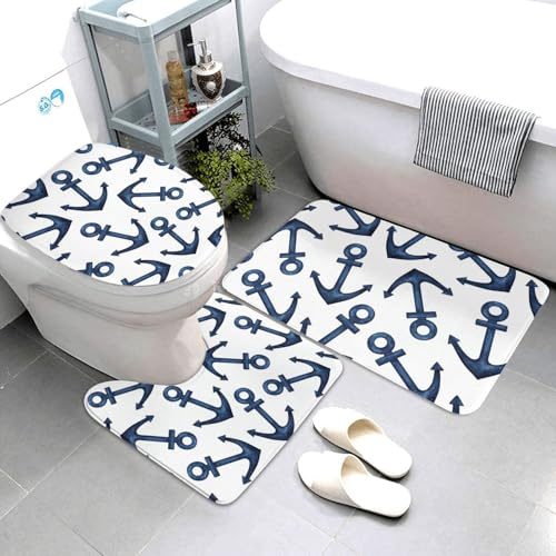 Anker Badezimmerteppich-Set, 3-teilig, saugfähig, rutschfest, Toilettensitz-Deckelbezug, WC-Vorleger, U-förmig, waschbar, Badezimmer-Dekor