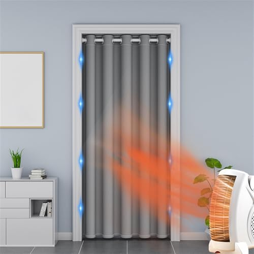 Momooda Türvorhang Blickdicht Magnetische, Thermo Vorhang Gegen Kälte mit Ösen, Raumteiler Vorhang, Akustik Vorhang Lärmschutz für Küche Türrahmen, Schrank, 1 Stück, Hellgrau, 200x250cm