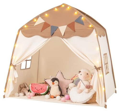 DREAMADE 2 in 1 Kinderzelt, Bettzelt mit Lichterkette & Flaggenbanner, Spielzelt Kinderzimmer, Spielhaus Kinder Indoor für Kinder ab 3 Jahren (Kaffee)