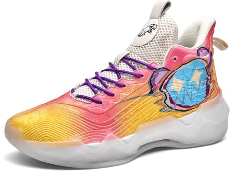Xuanke Mens Sport and Outdoor Shoes Men's Basketball Shoes Womens high top Trainers Unisex Comfortable Breathable Fashion Running Training Shoes Non-Slip Fluorescent Upper (Yellow/Pink,10.5)