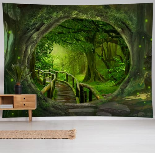 Hoisy Tree Wall Hanging Tapestry Wall Tapestry Forest Green Bedroom Living Room Decor 150X130 cm