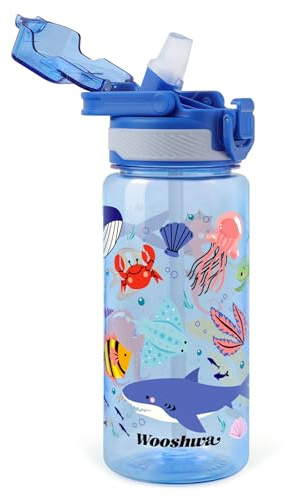 omedecal Borraccia Bambini con Cannuccia, a Prova di Perdite 600ml Borracce Bambina Bambini Bambino, Senza BPA con Maniglia, Lavabile in Lavastoviglie - Animali Marini