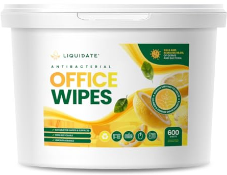 Office Wipes - 600 Heavy-Duty Lemon Scented Antibacterial Recyclable Wipes - Eliminates 99.9% of Germs - Perfect for Offices, Desks, Work Surfaces & Homes - Refillable Bucket