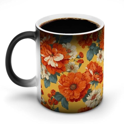 Jubonexis Tasse à café vintage en céramique à changement de couleur jaune avec fleurs oranges sur fond jaune, 325 ml