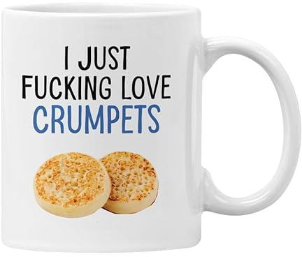 Plumfoolery I Just Love Crumpets Mug or Coaster, Funny Foodie Gift British Food Lovers, Breakfast | Dishwasher Safe Ceramic 11oz Coffee Cup | Handprinted in the UK (White Mug)
