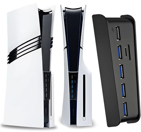 6 Port USB Hub for PS5 Pro & PS5 Slim Console Disc/Digital, High-Speed Extra USB Ports for PS5 Slim Pro Accessories, PS5 Hub Charger Splitter Adapter with 4 USB 2.0 + 1 Charging Port +1 Type C 3.1