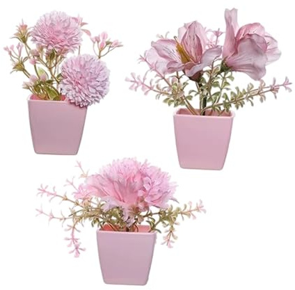 MotiveTech Set of 3 Artificial Flowers With Pot Mini Lifelike Plants Potted Small Fake Flowers for Home Decoration, Wedding Table, Window, Living Room, Bedroom, Office, Style C
